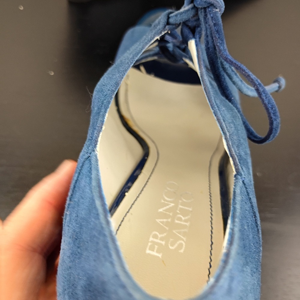 Franco Sarto Deco Blue Suede Lace Up Peep Toe Wedge Sandals Shoes Womens 7.5M - Picture 12 of 12